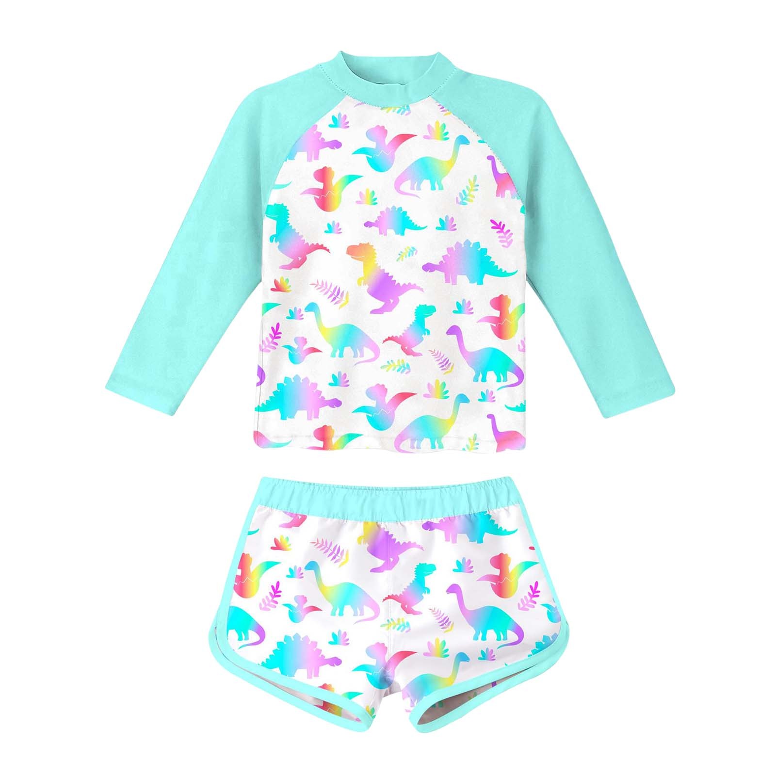 Hiijoy Big Girls Swimsuit Dinosaur Print Long Sleeve Rashguard Shorts Bathing Suit